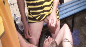 Horny males are cumming on the face of a bear