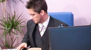 Bored manager is playing with his hard sausage