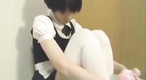 Cute Japanese Crossdresser Jacks Off in Maid Outfit