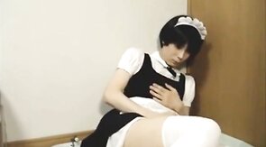 Cute Japanese Crossdresser Jacks Off in Maid Outfit
