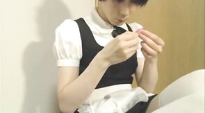 Cute Japanese Crossdresser Jacks Off in Maid Outfit