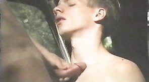 Oral action of two young buddies in the forest