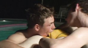 Four muscled swimmers are orally pleasing each other