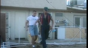 Muscular tattooed worker is seducing his pal