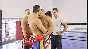 Muscled fighters are giving heads for each other