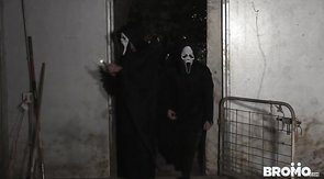 Masked men in black cloaks are screwing a sexy-shaped guy