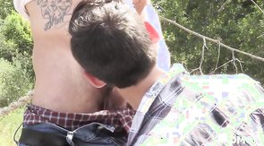 Tattooed redneck hunk sucked by an innocent queer