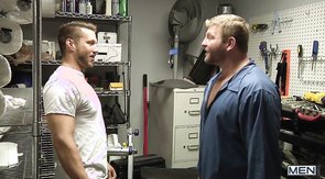 Stock worker is getting sucked by a muscled athlete