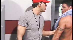 Oiled muscled partners are relaxing after thew workout