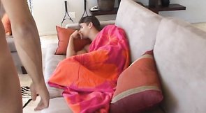 Sexy lover is waking up and grabbing a dick