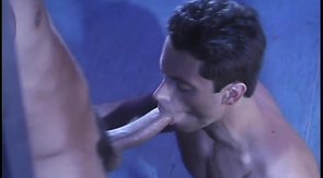Brunette hunk gives a hands free blowjob