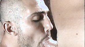 Bald hunk is sucking two hard boners at the same time