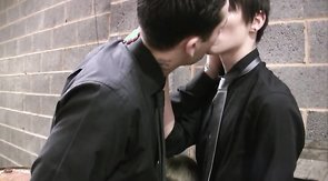 Cocksucker is blowing two big dicks at the same time