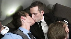 Three young men are enjoying sucking hard dicks