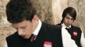 Two men in white stripes are sucking in the 69 pose