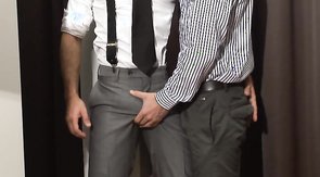 Leggy twink sucking cock and massaging it as well