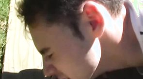 Hardcore sex with two big-dicked dudes outdoors