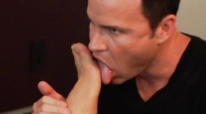 Guys in contrasting outfits licking feet and sucking cocks