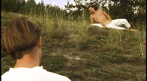 Karate master whips out his cock and masturbates