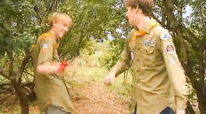 Horny boy scout twink gets ass-fucked sideways outdoors