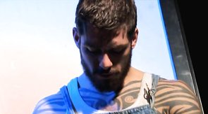 Pasty dude with a tramp stamp riding a massive cock