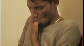 Curly-haired guy selfsuck masturbating and enjoying a facial