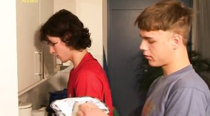 Red t-shirt twink sucking cock in the kitchen