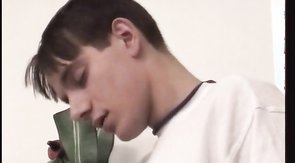 White t-shirt hunk gets a sloppy blowjob on camera