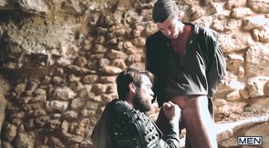 Passionate bearded man gives a deep blowjob by the castle