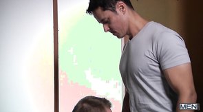 Sweet hunk is blowing a massive boner on the bed