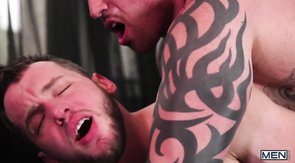 Tattooed hunks are banging in the doggy style pose