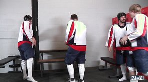 Skillful sporty men are getting sucked in the locker room