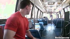 Sexy horny man getting nice blowjob right in the bus
