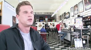 Youngster sucking hunk's hard dick in Out In Public clip