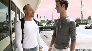 Muscular dude shoving his dick in this hunk's mouth