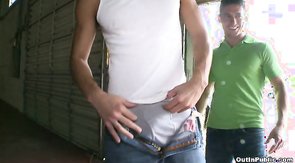 Sexy male sucking outdoors in Out In Public video!