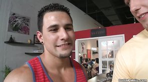 Smiling dude sucking his friend's dick at the garage