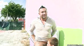 Bearded man getting free outdoor blowjob by sexy jock