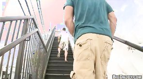 Brutal bald guy slowly taking pole in his wide mouth