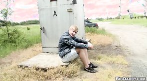 Tanned blonde jock taking dick in his hungry mouth