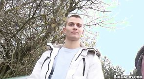 Cute youngster sucking horny dick on the stairs in public place