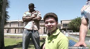 Nerdy young whitey and two massive black boners in his hands