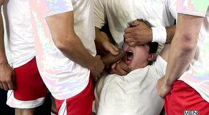 Stunning Jizz Orgy teammates are blowbanging their friend