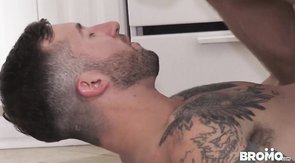 Close-up penetration with two hung dudes in the kitchen