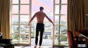 Tight pants brunette hunk wakes up his BF with a BJ