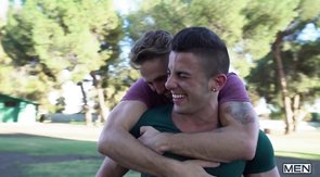 Two loving boyfriends fooling around indoors and outdoors