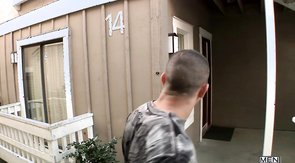 White t-shirt guy gets a sloppy blowjob on a red couch