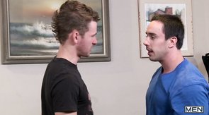 Hung guy face-fucking a subby twink at Drill My Hole