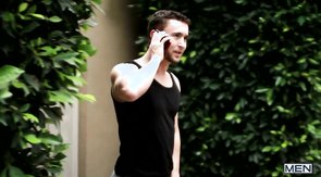 Wife-beater wearing brunette dude sucking cock