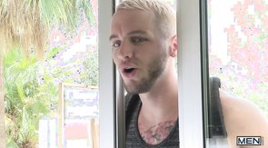 Bleached blonde twink gets fucked by three beefy studs